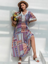 Plus size printed lace short sleeve boho patchwork maxi dress