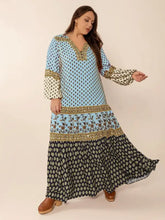 Plus Size Printed V-Neck Balloon Sleeve Maxi Dress Woman Maxi Dress