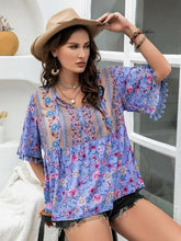 Plus Size Printed V-Neck Half Sleeve Blouse Blue Purple Woman Blouses