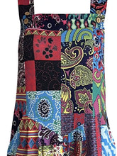 Vibrant paisley floral geometric wide leg jumpsuit apron in colorful reds blues greens purples
