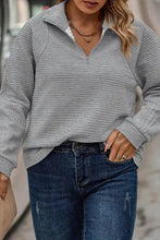 Plus size quarter zip long sleeve grey textured sweatshirt with ribbed cuffs