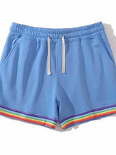 Plus size rainbow hem drawstring shorts in light blue with striped hem