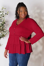Plus size red long sleeve button ruffle hem blouse