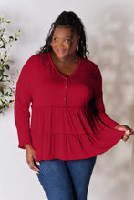 Plus size red long sleeve button ruffle hem blouse with bell sleeves