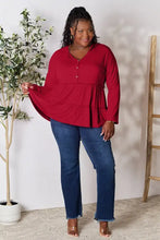 Plus size red long sleeve button ruffle hem blouse with bell sleeves