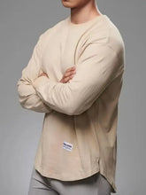 Plus size round neck drop shoulder long sleeve beige t-shirt with chest logo