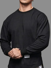 Plus size round neck drop shoulder long sleeve black cotton sweatshirt