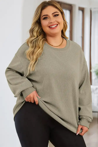 Plus Size Round Neck Dropped Shoulder Sweatshirt Sage Woman Sweatshirts
