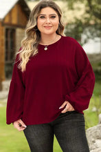 Plus size round neck dropped shoulder maroon T-shirt with long balloon sleeves