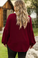 Plus size round neck dropped shoulder long sleeve waffle knit top in burgundy