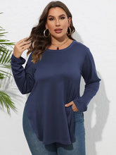 Plus size round neck long sleeve tunic top in navy blue with slit hem