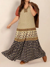 Plus Size Ruched Printed Short Sleeve Midi Dress Tan Casual Dresses