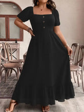 Plus size ruffled hem square neck puff sleeve maxi dress in black