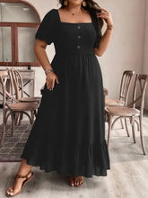 Black plus size maxi dress with ruffled hem square neck and puff sleeves
