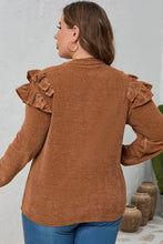 Plus size ruffled round neck long sleeve brown top with shoulder ruffles