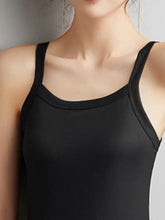 Black plus size scoop neck tank top with thin straps and rounded neckline in a sleeveless design