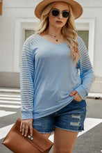 Plus size sheer striped sleeve V-neck top in light blue with straight hem
