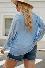 Plus size sheer striped sleeve V-neck top in light blue with straight hem
