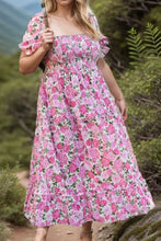 Plus Size Smocked Printed Square Neck Short Sleeve Dress Floral Woman Maxi Dress