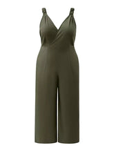 Plus size smocked olive green wide leg satin jumpsuit with v-neckline