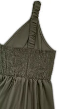Plus size smocked olive green wide leg jumpsuit with ruched straps