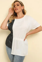 Plus size striped color block asymmetrical T-shirt with short sleeve length