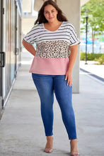 Plus Size Striped Leopard Round Neck Half Sleeve T-Shirt Woman T Shirts