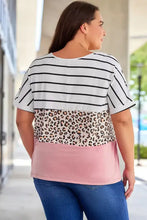 Plus Size Striped Leopard Round Neck Half Sleeve T-Shirt Woman T Shirts