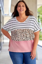 Plus size striped leopard round neck T-shirt with pink panel