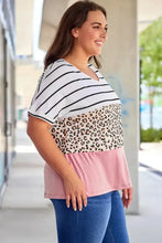Plus size striped leopard round neck half sleeve T-shirt with jeans