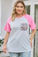 Plus size striped leopard round neck t-shirt with pink sleeves