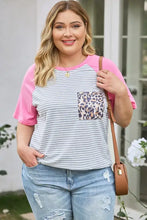 Plus size striped leopard round neck T-shirt with pink raglan sleeves