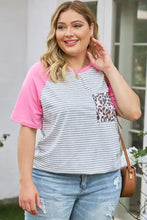 Plus size striped leopard round neck T-shirt with pink raglan sleeves