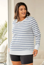 Plus size striped round neck long sleeve t-shirt in white and navy blue
