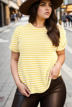 Plus size striped round neck short-sleeve T-shirt in yellow and white