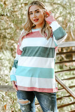 Plus size striped slit long sleeve top in red, green, white, blue stripes