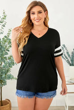 Plus size striped V-neck tee shirt with white sleeve stripes
