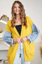 Plus size mustard yellow sweater cardigan with frayed denim sleeves