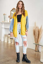 Plus size mustard yellow sweater cardigan with frayed denim sleeves