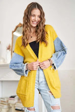 Plus size sweater cardigan with frayed denim sleeves in mustard yellow
