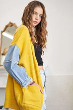 Plus size mustard yellow sweater cardigan with frayed denim sleeves