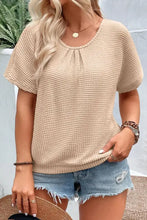 Plus size textured lace round neck short sleeve T-shirt in beige waffle knit