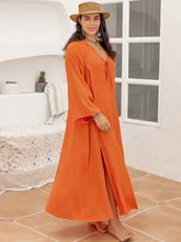 Plus Size Tie Neck Long Sleeve Slit Dress Woman Maxi Dress