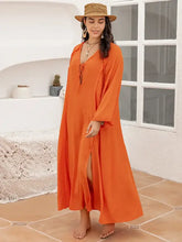 Plus Size Tie Neck Long Sleeve Slit Dress Woman Maxi Dress
