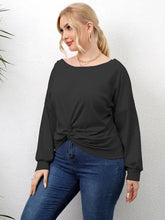 Plus size twisted drop shoulder black long-sleeve boat neck top