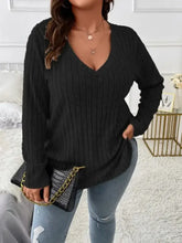 Plus size black ribbed knit V-neck long sleeve sweater