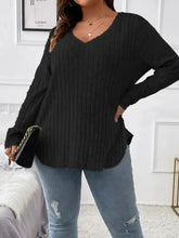 Plus size black ribbed knit V-neck long sleeve sweater