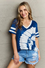 Plus size blue and white tie-dye v-neck tee shirt with regular sleeve length