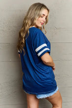 Plus size V-neck tee shirt with regular sleeve length in blue with striped sleeves