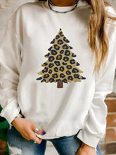 White plush leopard tree patched drop shoulder sweatshirt with slightly stretchy fabric and machine wash care